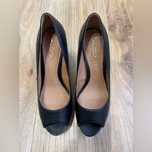 ALDO Black Leather Peep-Toe Platform Heels Size 8.5 – LNC